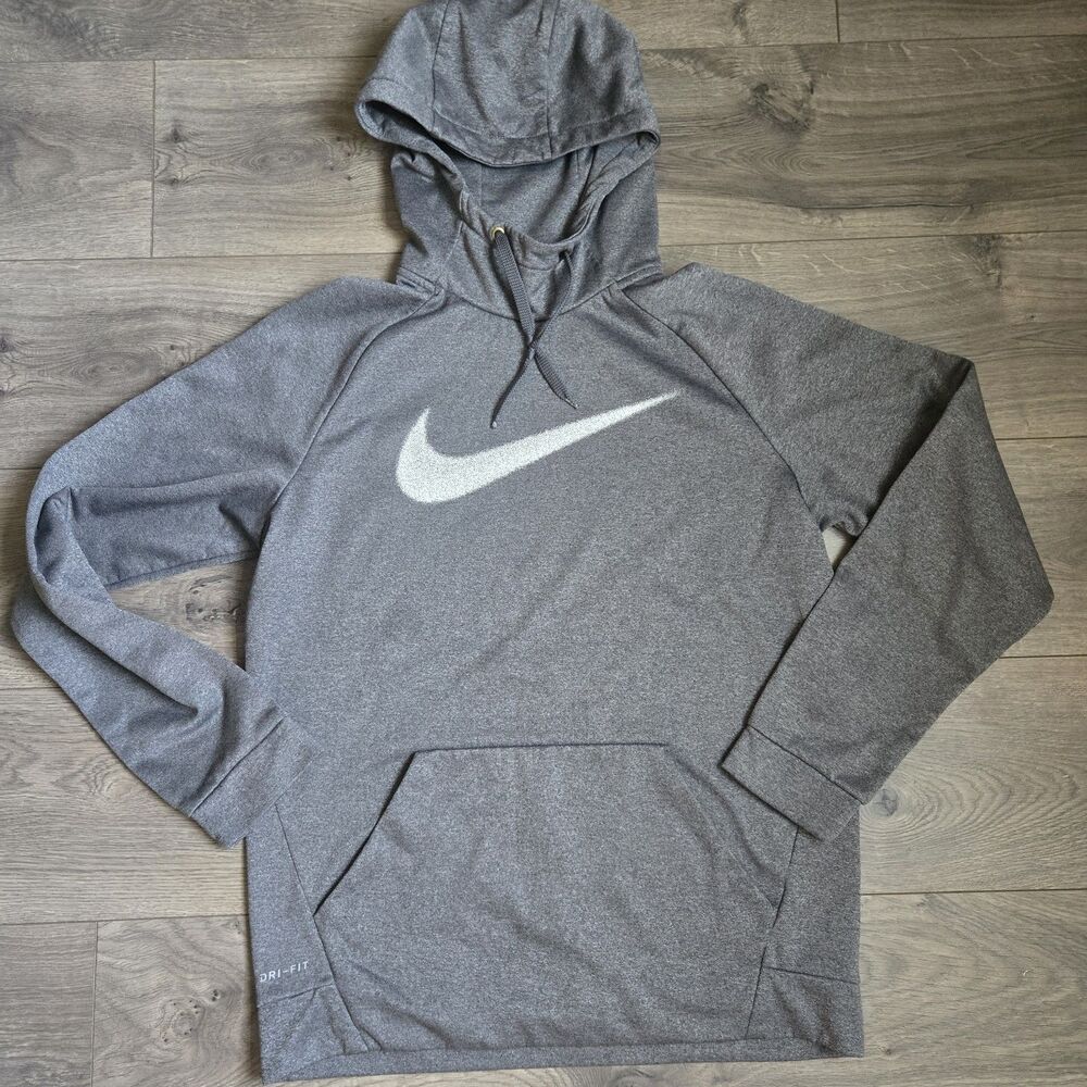 Nike Men M Dri-FIT Therma Hoodie Gray Speckled Big Swoosh Pullover Sweatshirt